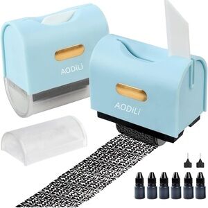 2Pack Identity Theft Protection Roller Stamps-6 Refill Inks, Set-(Blue)